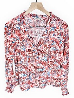 Cache Cache Women’s Blouse Top V-Neck Size Small 36 Red Blue White Coastal Chic